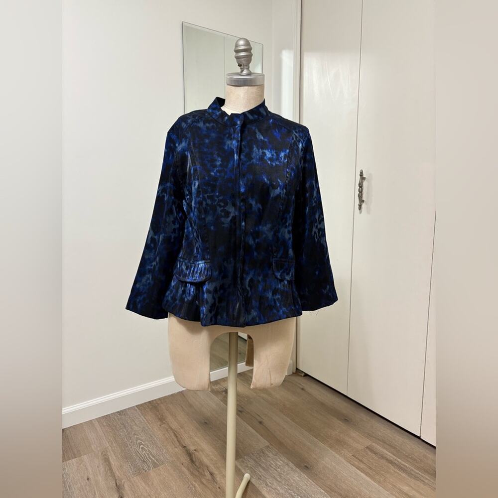 Ruby Rd. Vintage Women's Blue Animal Print Full Zip Ruffle Jacket Size 12